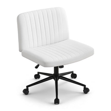Artiss Criss Cross Chair with Wheels Wide Cross Legged Office Desk Vanity Chair PU Leather, Armless Height Adjustable Swivel Home Office Chair for Home Computer Task, White.