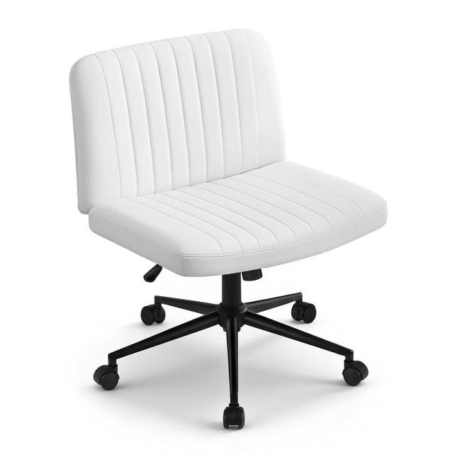 Artiss Criss Cross Chair with Wheels Wide Cross Legged Office Desk Vanity Chair PU Leather, Armless Height Adjustable Swivel Home Office Chair for Home Computer Task, White.
