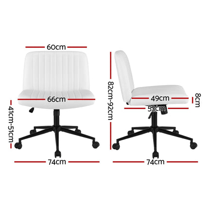 Artiss Criss Cross Chair with Wheels Wide Cross Legged Office Desk Vanity Chair PU Leather, Armless Height Adjustable Swivel Home Office Chair for Home Computer Task, White.