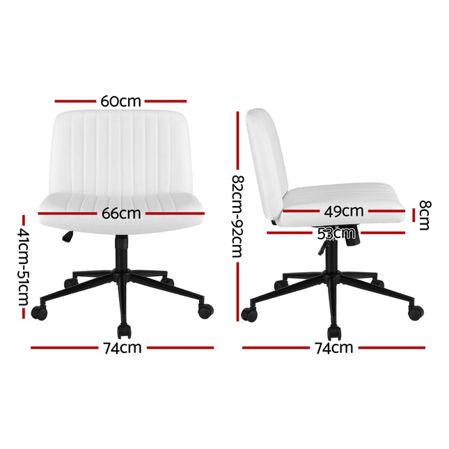 Artiss Criss Cross Chair with Wheels Wide Cross Legged Office Desk Vanity Chair PU Leather, Armless Height Adjustable Swivel Home Office Chair for Home Computer Task, White.