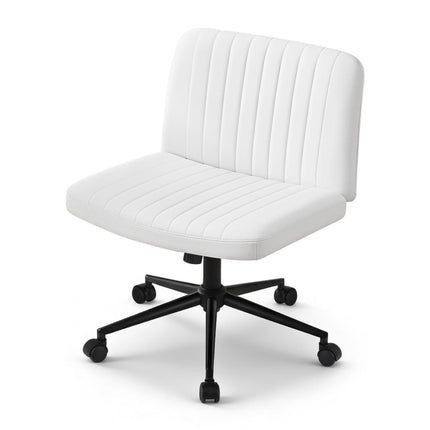 Artiss Criss Cross Chair with Wheels Wide Cross Legged Office Desk Vanity Chair PU Leather, Armless Height Adjustable Swivel Home Office Chair for Home Computer Task, White.