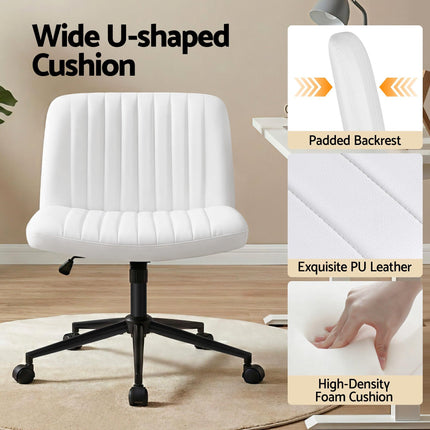 Artiss Criss Cross Chair with Wheels Wide Cross Legged Office Desk Vanity Chair PU Leather, Armless Height Adjustable Swivel Home Office Chair for Home Computer Task, White.