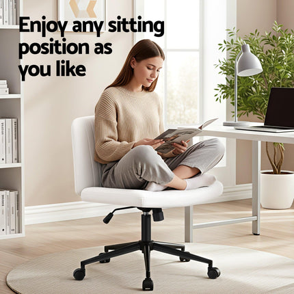 Artiss Criss Cross Chair with Wheels Wide Cross Legged Office Desk Vanity Chair PU Leather, Armless Height Adjustable Swivel Home Office Chair for Home Computer Task, White.
