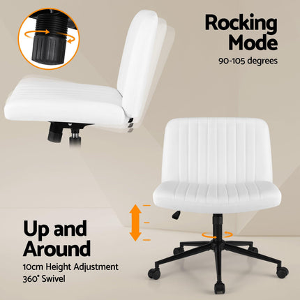 Artiss Criss Cross Chair with Wheels Wide Cross Legged Office Desk Vanity Chair PU Leather, Armless Height Adjustable Swivel Home Office Chair for Home Computer Task, White.