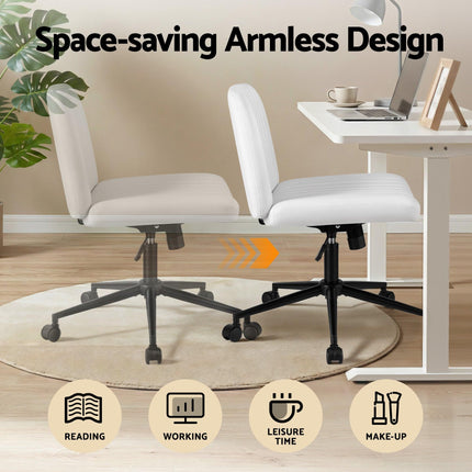 Artiss Criss Cross Chair with Wheels Wide Cross Legged Office Desk Vanity Chair PU Leather, Armless Height Adjustable Swivel Home Office Chair for Home Computer Task, White.
