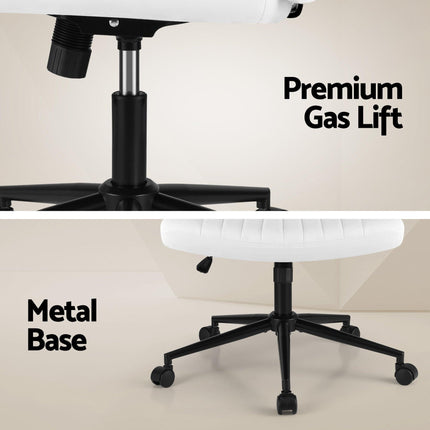 Artiss Criss Cross Chair with Wheels Wide Cross Legged Office Desk Vanity Chair PU Leather, Armless Height Adjustable Swivel Home Office Chair for Home Computer Task, White.