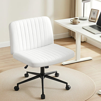 Artiss Criss Cross Chair with Wheels Wide Cross Legged Office Desk Vanity Chair PU Leather, Armless Height Adjustable Swivel Home Office Chair for Home Computer Task, White.