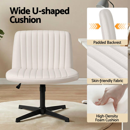 Artiss Criss Cross Chair No Wheels Fabric Wide Cross Legged Office Desk Vanity Chair Armless, Height Adjustable, Swivel Home Office Chair for Home Computer Task, Beige.