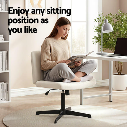 Artiss Criss Cross Chair No Wheels Fabric Wide Cross Legged Office Desk Vanity Chair Armless, Height Adjustable, Swivel Home Office Chair for Home Computer Task, Beige.