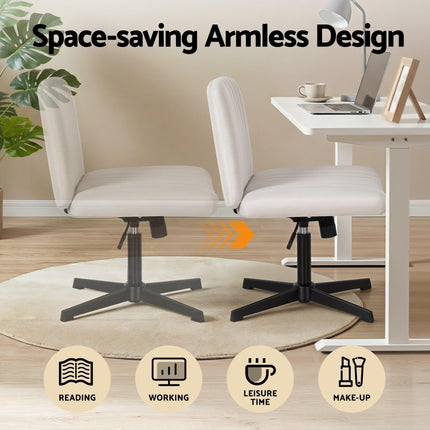 Artiss Criss Cross Chair No Wheels Fabric Wide Cross Legged Office Desk Vanity Chair Armless, Height Adjustable, Swivel Home Office Chair for Home Computer Task, Beige.