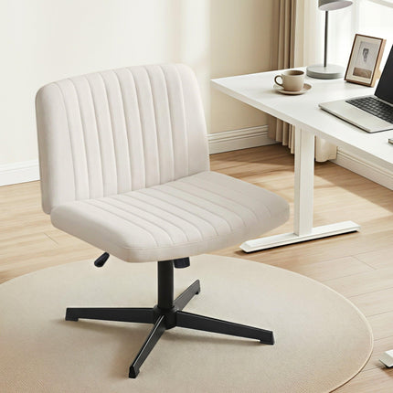 Artiss Criss Cross Chair No Wheels Fabric Wide Cross Legged Office Desk Vanity Chair Armless, Height Adjustable, Swivel Home Office Chair for Home Computer Task, Beige.