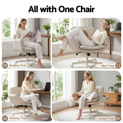 Artiss Criss Cross Chair with Wheels & Adjustable Armrests, Ergonomic Cross Legged Office Desk Chair PU Leather Vanity Chair Swivel for Home, Make Up, Bedroom, Computer, Beige.