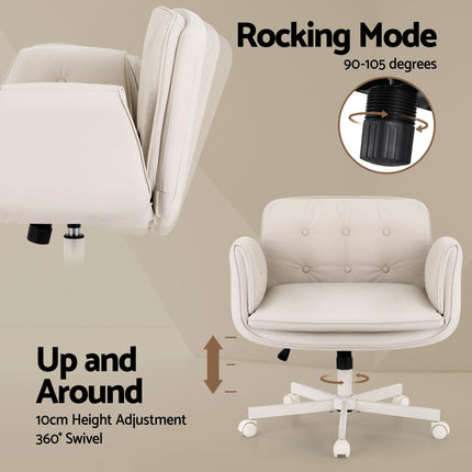 Artiss Criss Cross Chair with Wheels & Adjustable Armrests, Ergonomic Cross Legged Office Desk Chair PU Leather Vanity Chair Swivel for Home, Make Up, Bedroom, Computer, Beige.