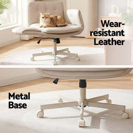 Artiss Criss Cross Chair with Wheels & Adjustable Armrests, Ergonomic Cross Legged Office Desk Chair PU Leather Vanity Chair Swivel for Home, Make Up, Bedroom, Computer, Beige.