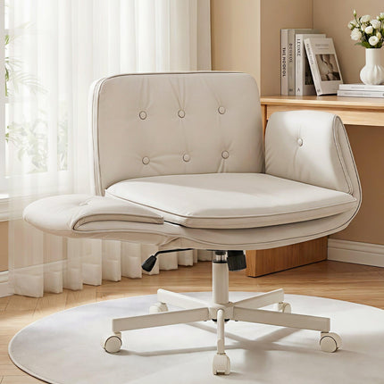 Artiss Criss Cross Chair with Wheels & Adjustable Armrests, Ergonomic Cross Legged Office Desk Chair PU Leather Vanity Chair Swivel for Home, Make Up, Bedroom, Computer, Beige.
