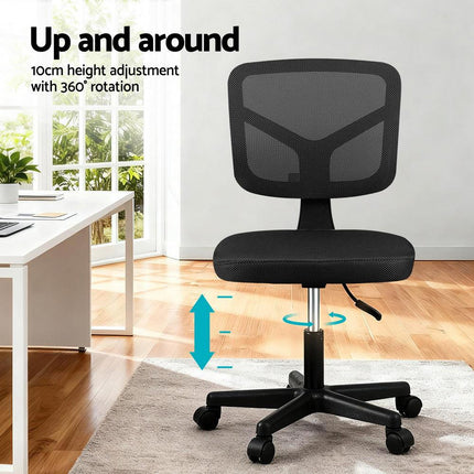 Artiss Armless Office Chair with Wheels, Ergonomic 360° Swivel Home Office Desk Chair, Height Adjustable Computer Task Chair with Fabric Back and Seat for Small Space, Black.