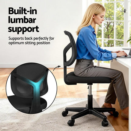 Artiss Armless Office Chair with Wheels, Ergonomic 360° Swivel Home Office Desk Chair, Height Adjustable Computer Task Chair with Fabric Back and Seat for Small Space, Black.