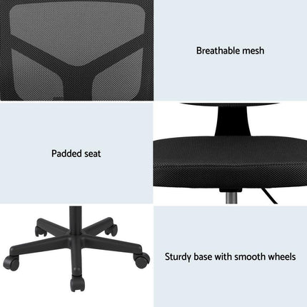Artiss Armless Office Chair with Wheels, Ergonomic 360° Swivel Home Office Desk Chair, Height Adjustable Computer Task Chair with Fabric Back and Seat for Small Space, Black.
