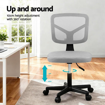 Artiss Armless Office Chair with Wheels, Ergonomic 360° Swivel Home Office Desk Chair, Height Adjustable Computer Task Chair with Fabric Back and Seat for Small Space, Grey.