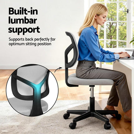 Artiss Armless Office Chair with Wheels, Ergonomic 360° Swivel Home Office Desk Chair, Height Adjustable Computer Task Chair with Fabric Back and Seat for Small Space, Grey.