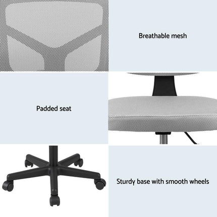 Artiss Armless Office Chair with Wheels, Ergonomic 360° Swivel Home Office Desk Chair, Height Adjustable Computer Task Chair with Fabric Back and Seat for Small Space, Grey.