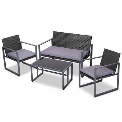 Gardeon 4 PCS Outdoor Sofa Set Rattan Furniture Glass Top Table Chairs Black.