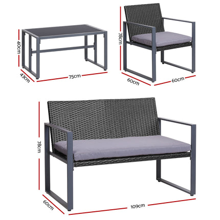 Gardeon 4 PCS Outdoor Sofa Set Rattan Furniture Glass Top Table Chairs Black.