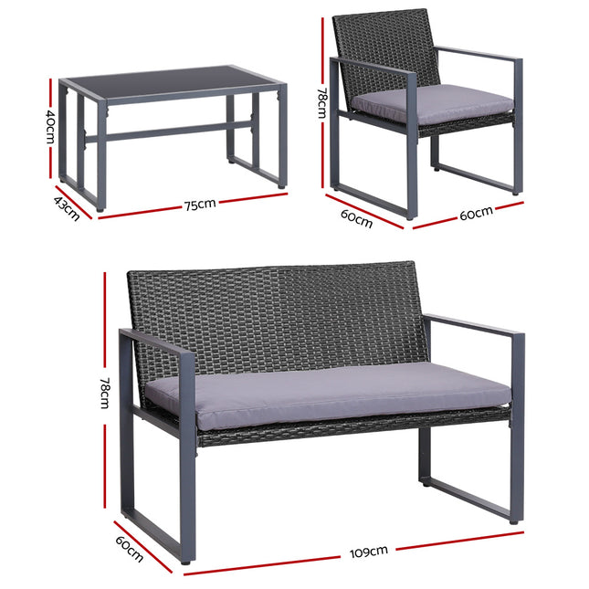 Gardeon 4 PCS Outdoor Sofa Set Rattan Furniture Glass Top Table Chairs Black.