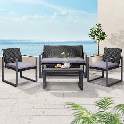 Gardeon 4 PCS Outdoor Sofa Set Rattan Furniture Glass Top Table Chairs Black.