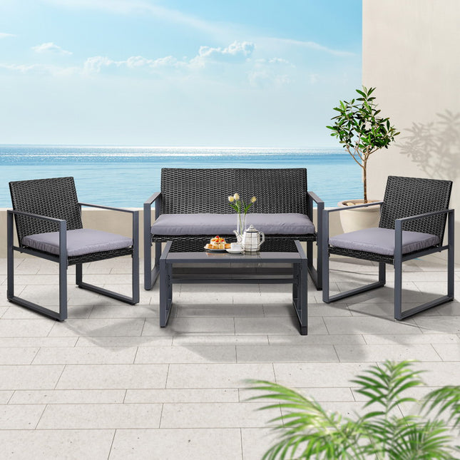 Gardeon 4 PCS Outdoor Sofa Set Rattan Furniture Glass Top Table Chairs Black.