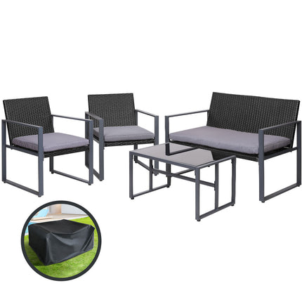 Gardeon 4 PCS Outdoor Sofa Set Rattan Furniture with Storage Cover Chairs Black.