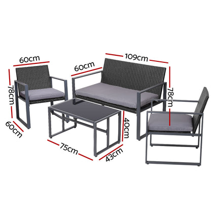 Gardeon 4 PCS Outdoor Sofa Set Rattan Furniture with Storage Cover Chairs Black.