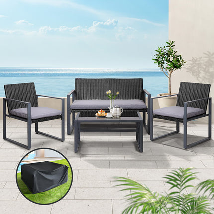 Gardeon 4 PCS Outdoor Sofa Set Rattan Furniture with Storage Cover Chairs Black.