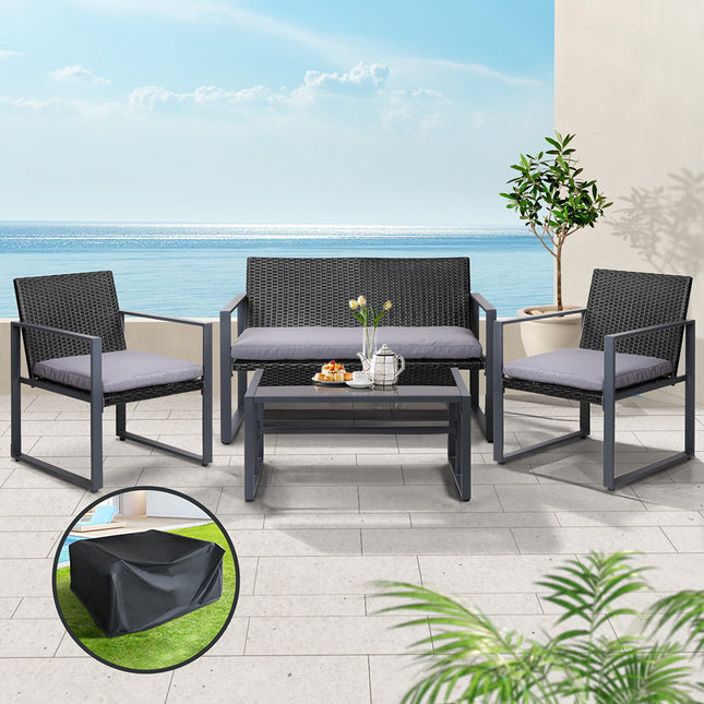 Gardeon 4 PCS Outdoor Sofa Set Rattan Furniture with Storage Cover Chairs Black.