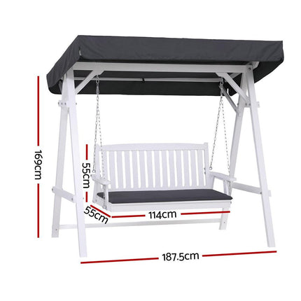 Gardeon Outdoor Wooden Swing Chair Garden Bench Canopy Cushion 3 Seater White.