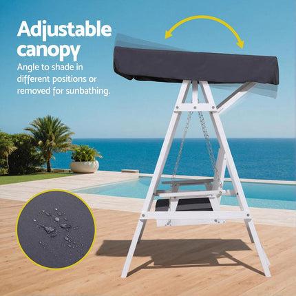Gardeon Outdoor Wooden Swing Chair Garden Bench Canopy Cushion 3 Seater White.