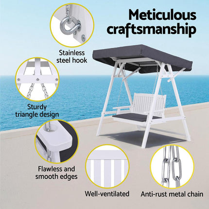 Gardeon Outdoor Wooden Swing Chair Garden Bench Canopy Cushion 3 Seater White.
