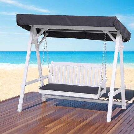 Gardeon Outdoor Wooden Swing Chair Garden Bench Canopy Cushion 3 Seater White.