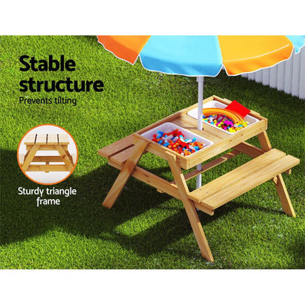 Keezi Kids Outdoor Table and Chairs Picnic Bench Umbrella Set Water Sand Pit Box.