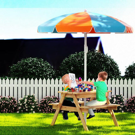 Keezi Kids Outdoor Table and Chairs Picnic Bench Umbrella Set Water Sand Pit Box.