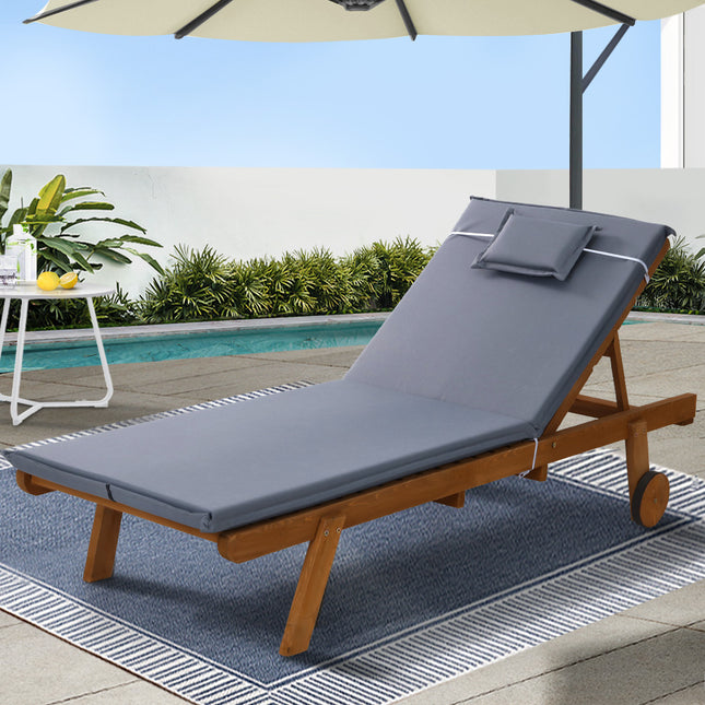 Gardeon Sun Lounge Wooden Lounger Outdoor Furniture Day Bed Wheels Patio Grey.
