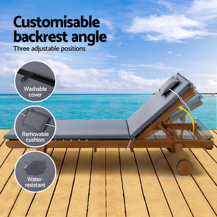 Gardeon Sun Lounge Wooden Lounger Outdoor Furniture Day Bed Wheels Patio Grey.