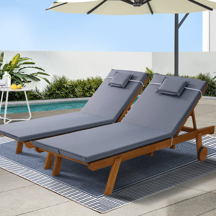 Gardeon 2x Sun Lounge Wooden Lounger Outdoor Furniture Day Bed Wheel Patio Grey.