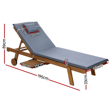 Gardeon 2x Sun Lounge Wooden Lounger Outdoor Furniture Day Bed Wheel Patio Grey.