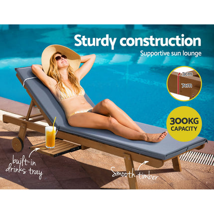 Gardeon 2x Sun Lounge Wooden Lounger Outdoor Furniture Day Bed Wheel Patio Grey.
