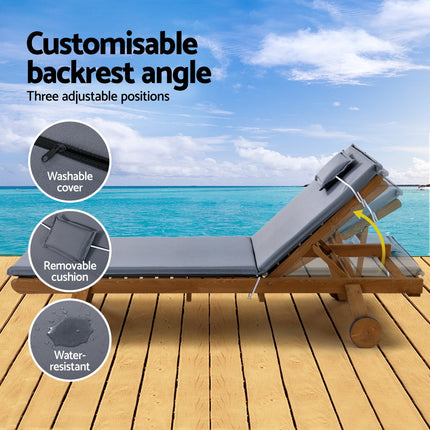 Gardeon 2x Sun Lounge Wooden Lounger Outdoor Furniture Day Bed Wheel Patio Grey.