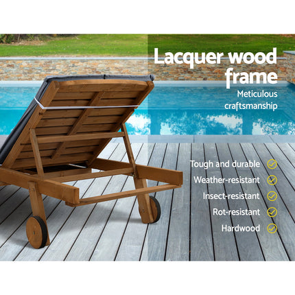 Gardeon 2x Sun Lounge Wooden Lounger Outdoor Furniture Day Bed Wheel Patio Grey.