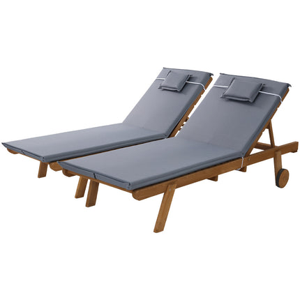 Gardeon 2x Sun Lounge Wooden Lounger Outdoor Furniture Day Bed Wheel Patio Grey.
