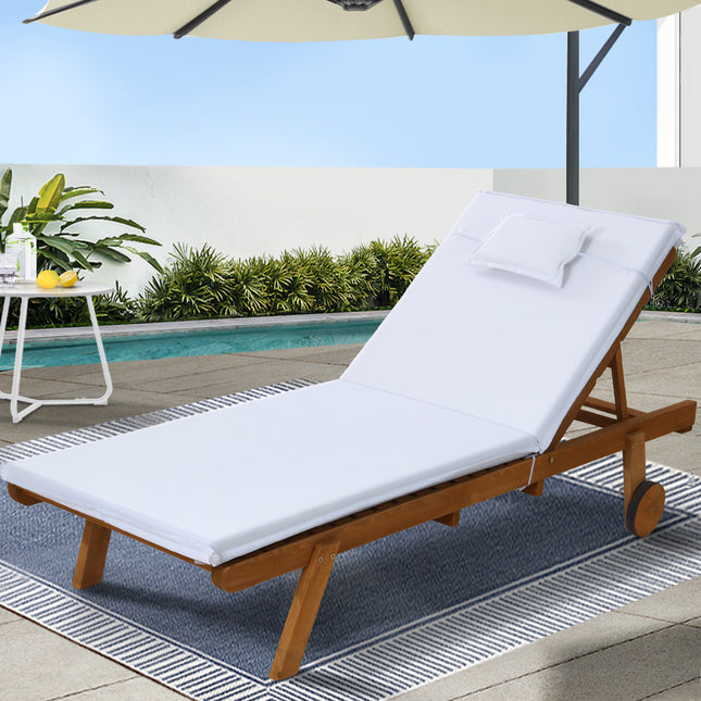 Gardeon Sun Lounge Wooden Lounger Outdoor Furniture Day Bed Wheels Patio White.
