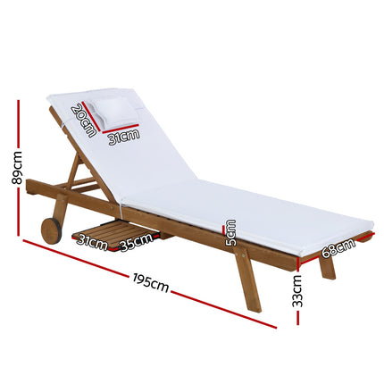 Gardeon Sun Lounge Wooden Lounger Outdoor Furniture Day Bed Wheels Patio White.
